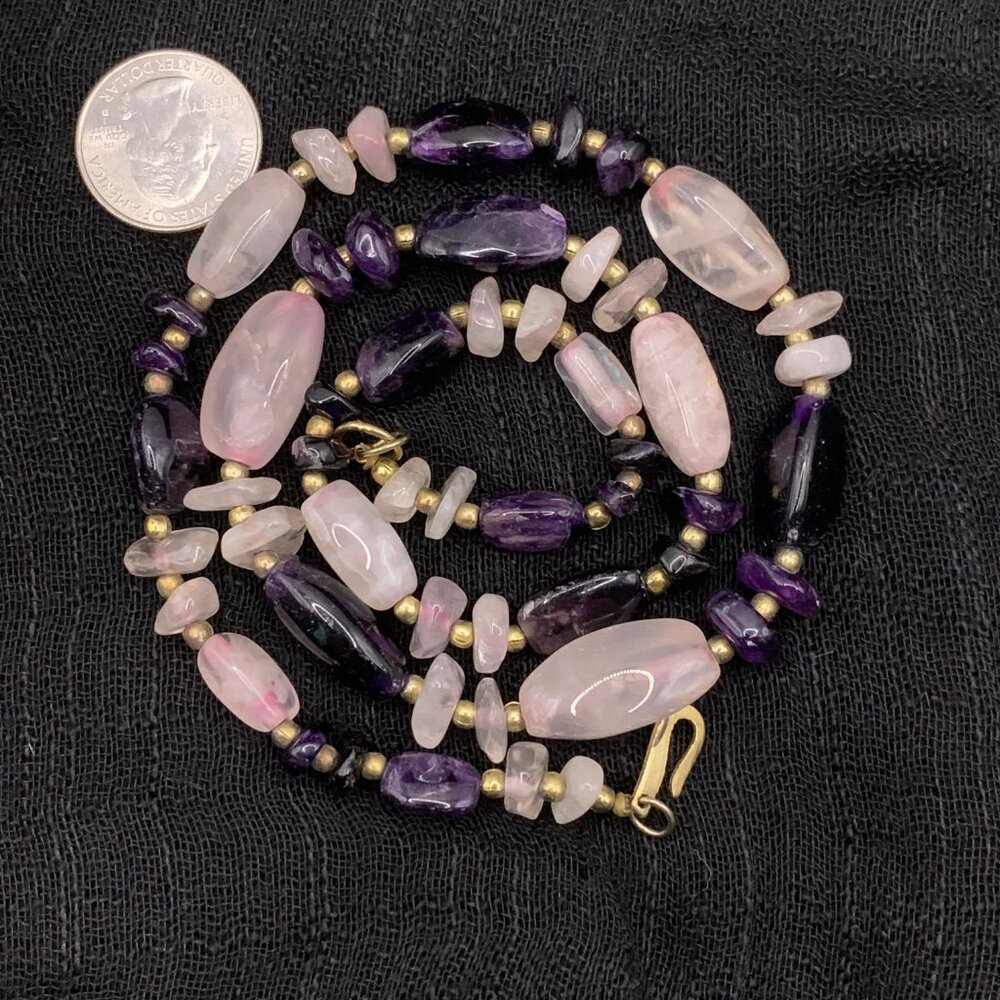 Gemstone Bead Necklace Rose Quartz Amethyst Gold tone 24" J860